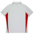 A white polo shirt featuring red side panels and a collar. The shirt has a logo on the back.