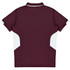 A maroon kids polo shirt featuring white panel accents and a logo on the back.