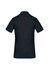 A navy women's short sleeve polo shirt with a smooth texture and a collar. It features a branding logo.