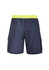 Men's sports shorts in navy with a bright yellow waistband, featuring cargo pockets and a subtle print.