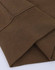 A close-up of a folded brown crew neck sweatshirt featuring ribbed cuffs and a subtle texture. Designed with a logo.