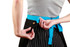 A black canvas short waist apron with a bright blue tie, featuring a branded logo on the side.