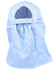 A light blue poly cotton legionnaire hat with a covered back and elastic gathering. Features a logo on the side.