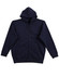 A navy full-zip fleecy hoodie with a hood and front pockets, featuring a logo.
