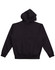 A black men's full-zip fleecy hoodie with a hood and ribbed cuffs, featuring a logo on the back.