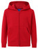 A red full-zip fleece hoodie with a hood and front pockets, featuring a logo.