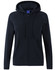 A navy full-zip fleecy hoodie featuring a hood and front pockets, with a logo on the fabric.
