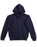 A navy full-zip fleecy hoodie featuring a hood and front pockets, with a logo on the fabric.