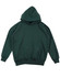 A green kids' fleece hoodie featuring a front pocket and a hood, with a logo on one side.