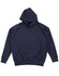 A navy blue kids' fleece hoodie with a front pocket and an adjustable hood, featuring a logo.