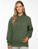 A green close front fleece hoodie with a kangaroo pocket and a hood, featuring a logo.