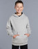 A grey kids' fleecy hoodie with a front pocket and a hood, worn by a smiling child against a neutral background.