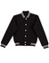 A black fleece varsity jacket featuring contrasting white stripes and buttons, with side pockets and a casual fit.
