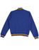A blue fleece varsity jacket featuring contrasting striped ribbing on the collar and cuffs, with a logo at the front.