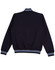 A navy blue kids' fleece varsity jacket featuring striped cuffs and collar, with a logo present.