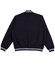 A navy blue kids' fleece varsity jacket with white striped accents on the cuffs and collar. Features a logo.