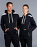 A navy hoodie with a kangaroo pocket, featuring white contrast details and a logo on the front.