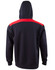 A navy hoodie with a red contrast stripe across the shoulders and a hood. Features a logo on the front.