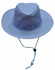 A light blue slouch hat featuring a wide brim and a break-away clip for secure fit. Includes a drawstring for adjustment.