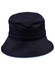 A black bucket hat with a wide brim, featuring a toggle adjustment and a decorative trim along the edge.