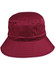 A red bucket hat with a wide brim, featuring a toggle and a logo.