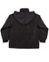 A black contrast jacket with a hood, featuring a branded logo. The design includes adjustable cuffs and a relaxed fit.