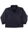 A black varsity jacket with a collar, shoulder details, and a snap button front closure. Features a logo.