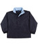 A black varsity jacket with a light blue inner collar, featuring a logo and snap buttons.