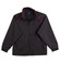 A black track jacket with red accents and a zip closure, featuring a collar and long sleeves. It has a logo.