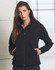 A black softshell jacket for ladies, featuring a zip front and side pockets, with a fitted design.