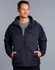 A men's navy chalet jacket with a zip front, featuring a hood and two side pockets, worn by a model.