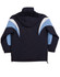 A tri-colour jacket with a hood, featuring navy blue and light blue accents. The jacket has a logo.