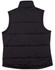 A black padded vest with a rip-stop texture, featuring a high collar and no sleeves. It has a branding logo.