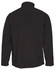 A black softshell jacket featuring a high collar and a logo on the sleeve. The back view displays a sleek design.