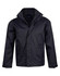 A versatile black jacket with a zip front, pockets, and a stand-up collar. Features a logo on the front.