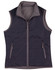 A dark grey versatile vest with a high collar and two zippered pockets. It features a logo on the chest.