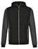 A men's jacket featuring a quilted body in black and grey with a hood and zippered front. It has pockets and a logo.