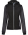 A ladies' black heather sleeve and quilted body jacket with a hood and zippered front pockets.
