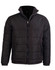 A black heavy quilted jacket with a zip front and high collar, featuring a logo on the chest area.