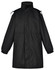 A long black stadium jacket with a high collar and adjustable features, featuring a logo on the design.
