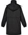 A black long line stadium jacket with a hood and elastic cuffs, featuring a cinched waist and a logo.