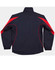 A navy blue kids' warm-up jacket with red accents, featuring a high collar and elastic cuffs. It has a logo.