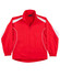 A red warm-up jacket with white accents and elasticised cuffs, featuring side pockets and a branding logo.