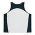 A men's singlet in dark green and white with a logo, featuring a sporty design and a back view.