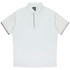 A white polo shirt with a collar and short sleeves, featuring a logo on the neck.