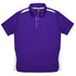 A purple polo shirt featuring white accents and a collar, with a logo on the label.