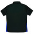 A dark green polo shirt featuring blue side panels and a collar, with a logo on the front.