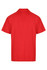A red polo shirt featuring a collared neckline and short sleeves, with a logo on the back.