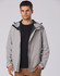 A grey waterproof performance jacket featuring a hood, worn by a model against a plain background.