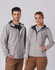 A grey men's waterproof performance jacket with a hood, featuring a logo, displayed on a male and female model.